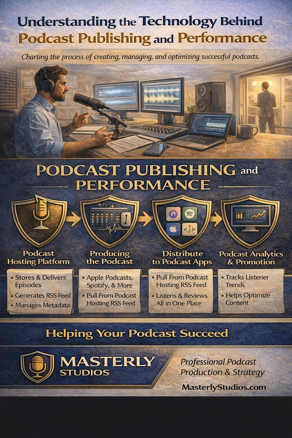 Podcast marketing poster with a man at a desk, studio monitors, gold text, and award-style badges