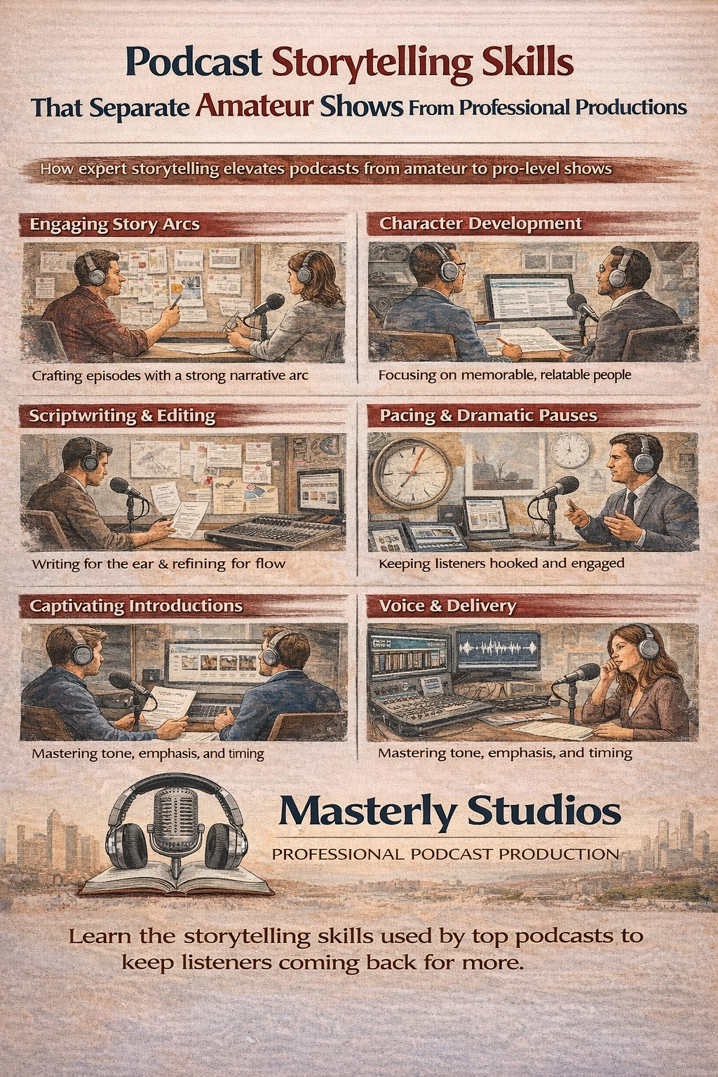 Podcast storytelling skills flyer with vintage-style thumbnails and Mastery Studios branding on a beige background