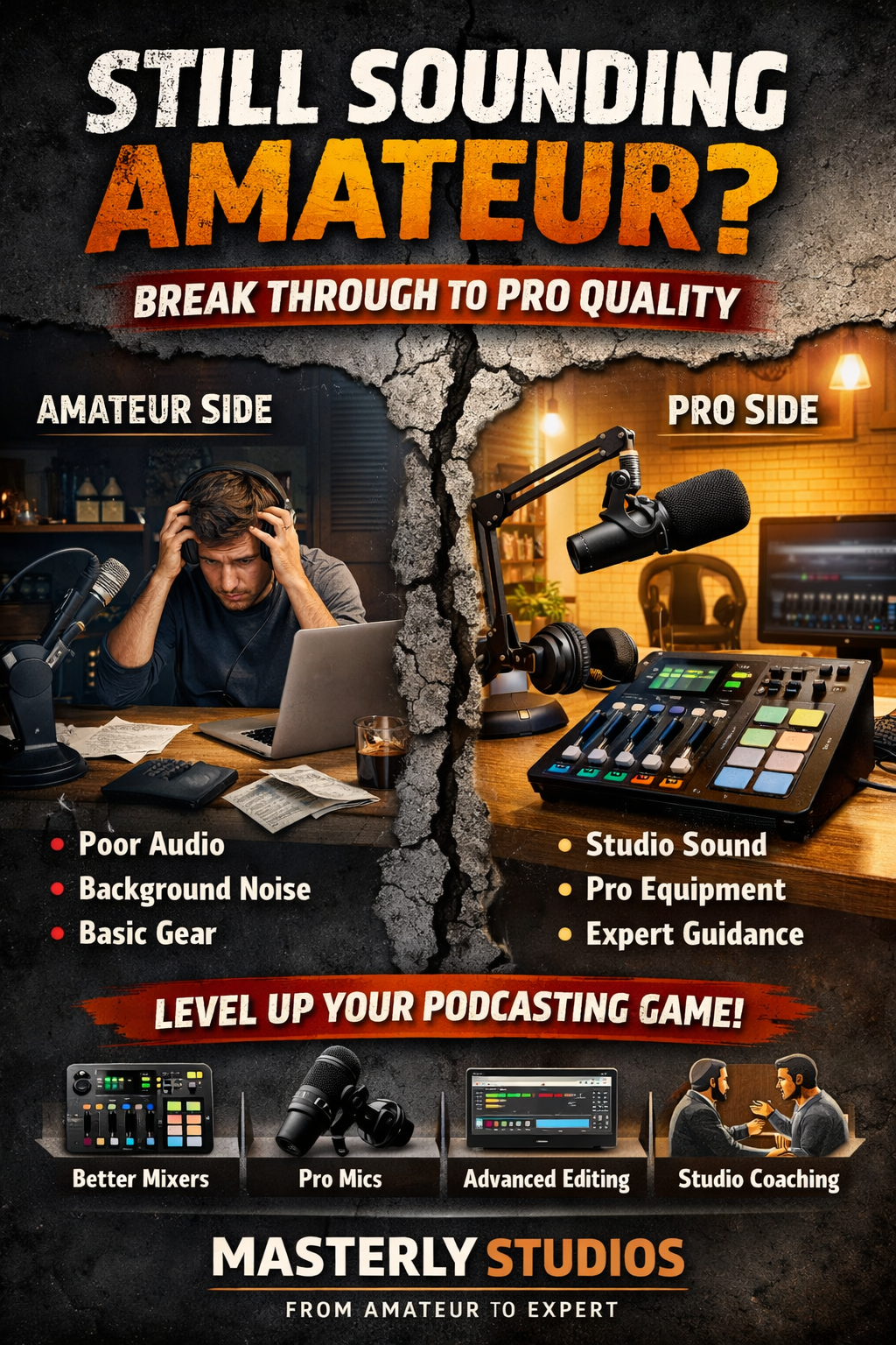 Poster contrasting amateur vs pro podcast setup with microphones, mixer, and soundproofing panels.