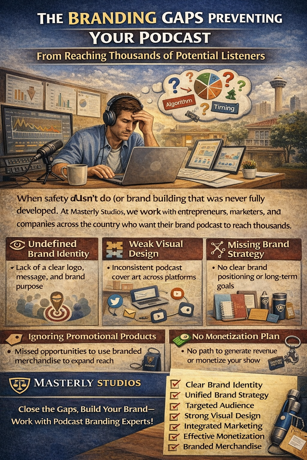Podcast promo graphic on branding basics, with a man at a desk and marketing notes on a warm-toned background