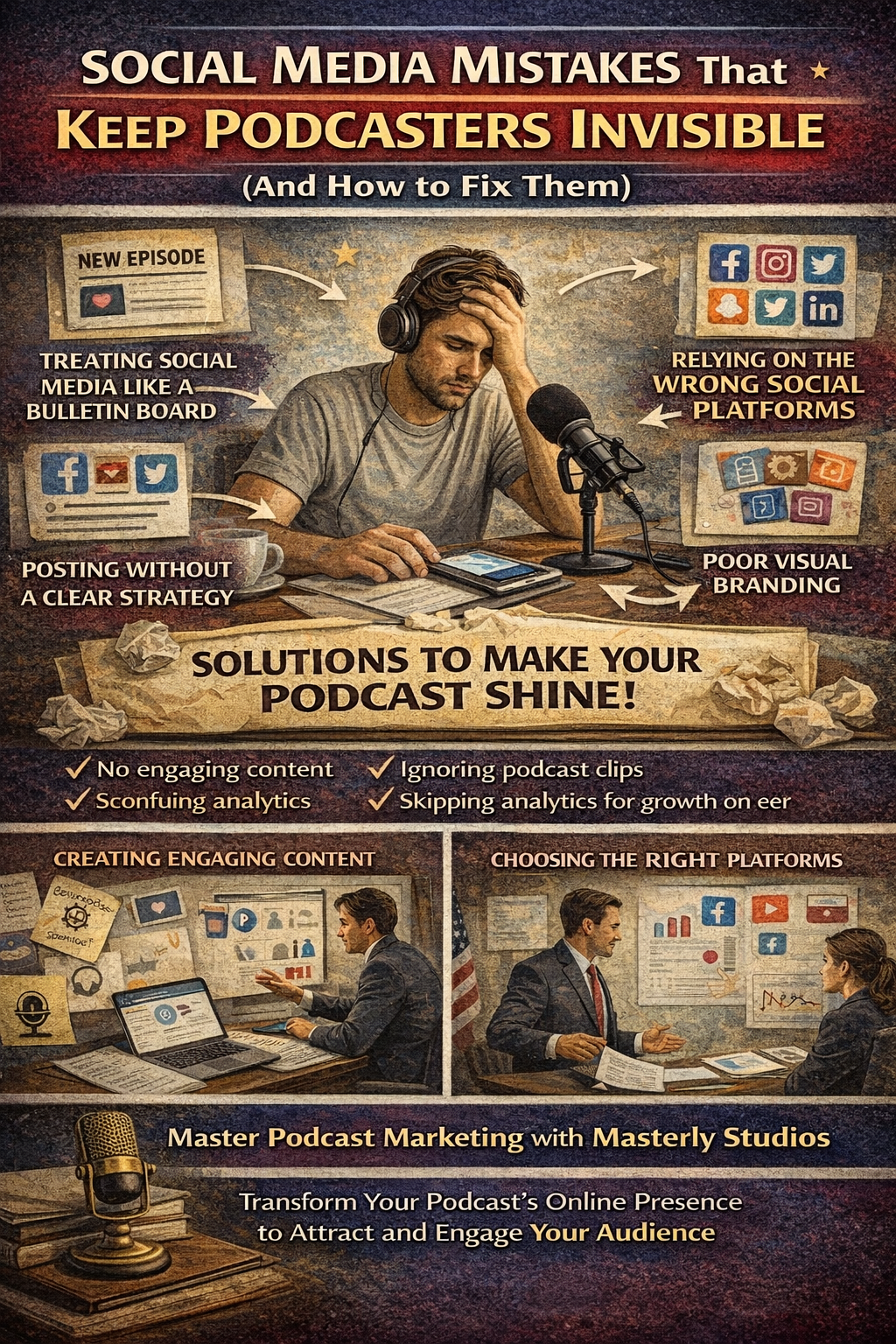 Podcast marketing infographic with a person at laptop, titled “Social Media Mistakes That Keep Podcasters Invisible”