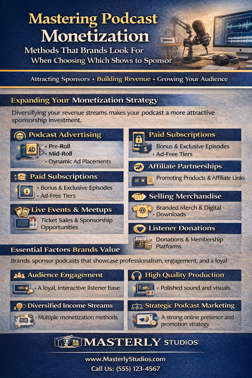 Podcast monetization infographic with blue and gold theme, listing strategies and tools for earning revenue from podcasts