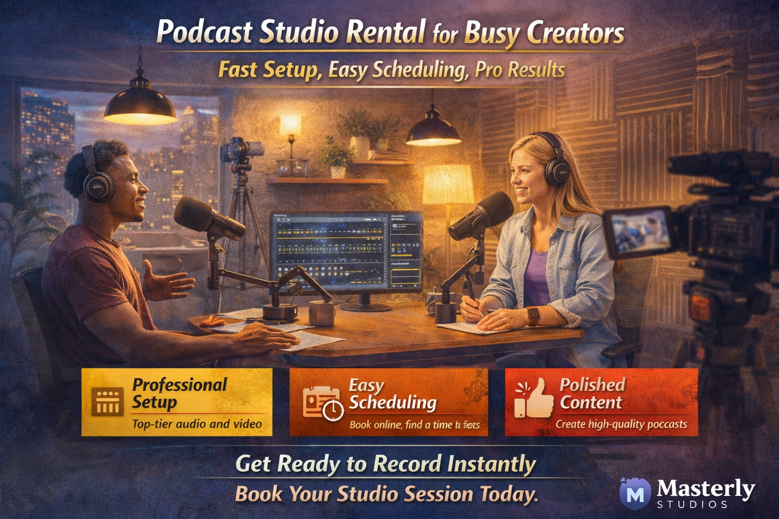Podcast studio rental ad with two people recording at microphones in a warm, modern studio.