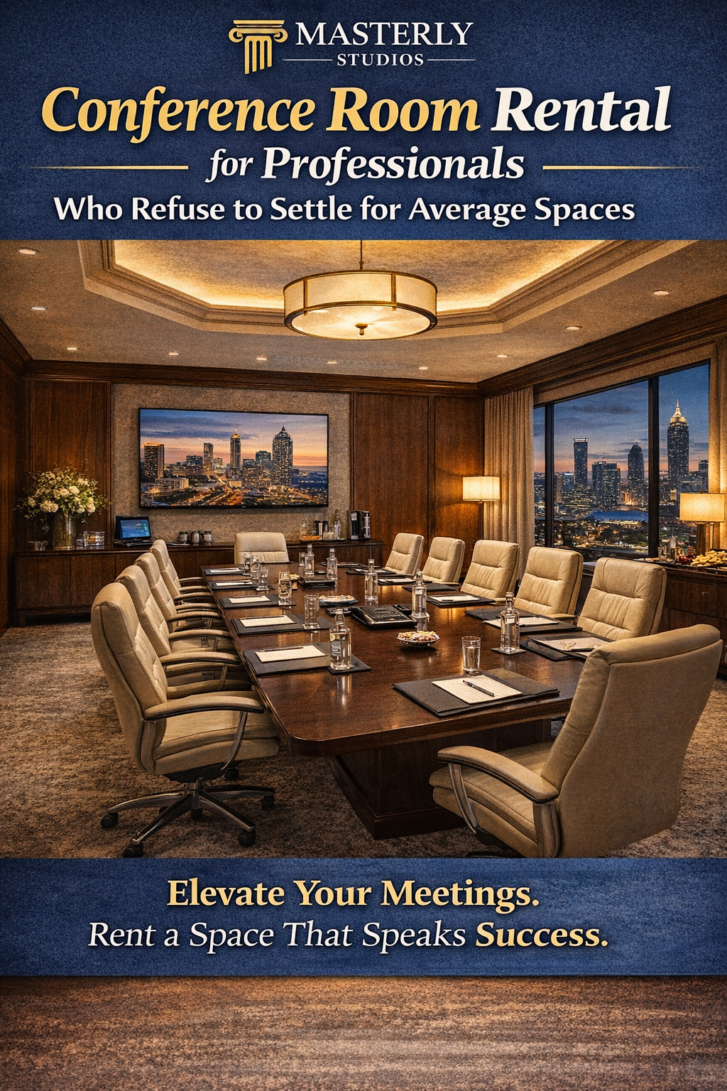 Luxury conference room with long table, leather chairs, and city views, promoting professional rental space.