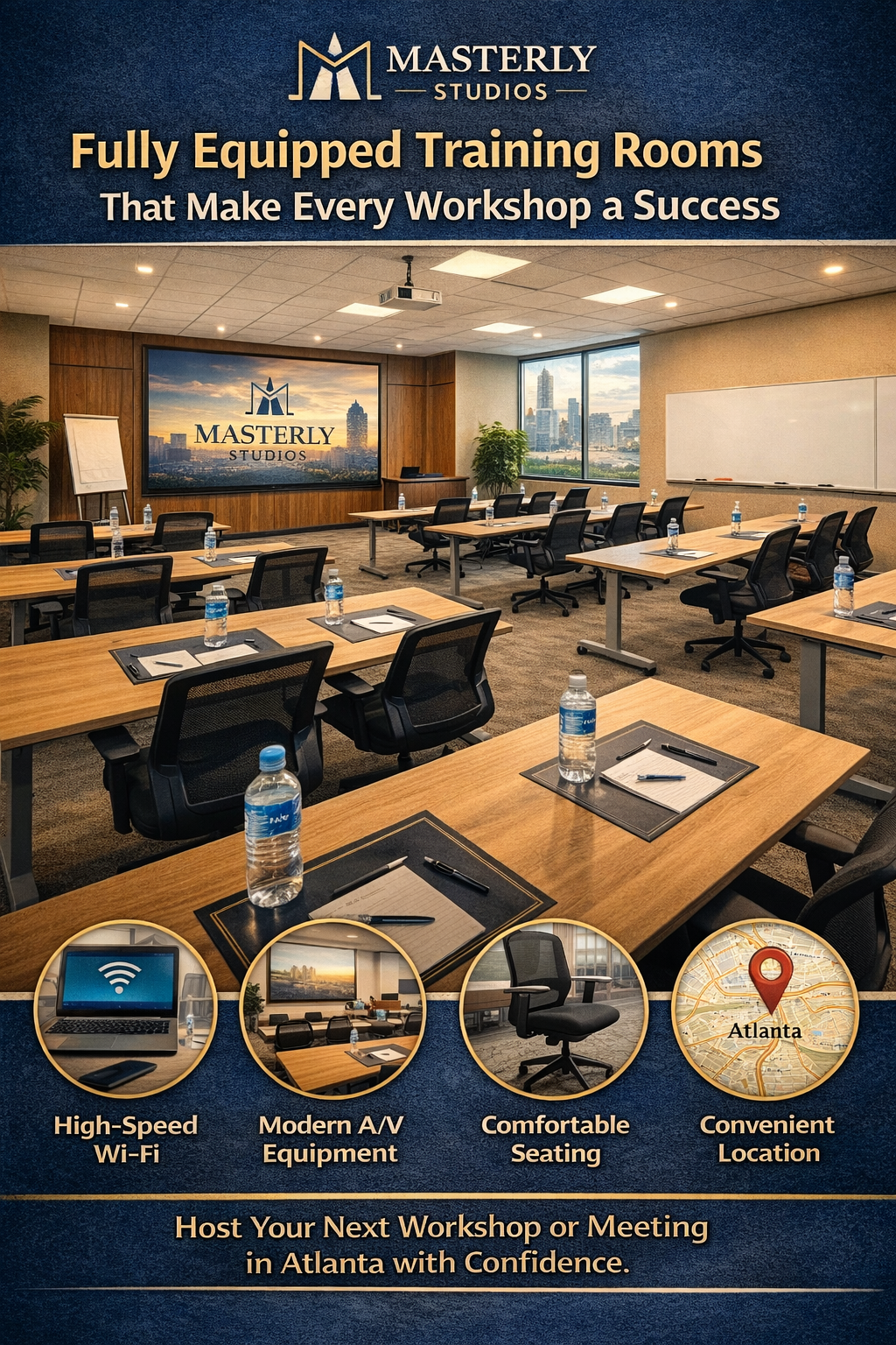 Luxurious training room with projector, desks, chairs, Wi‑Fi, AC, and amenities icons.