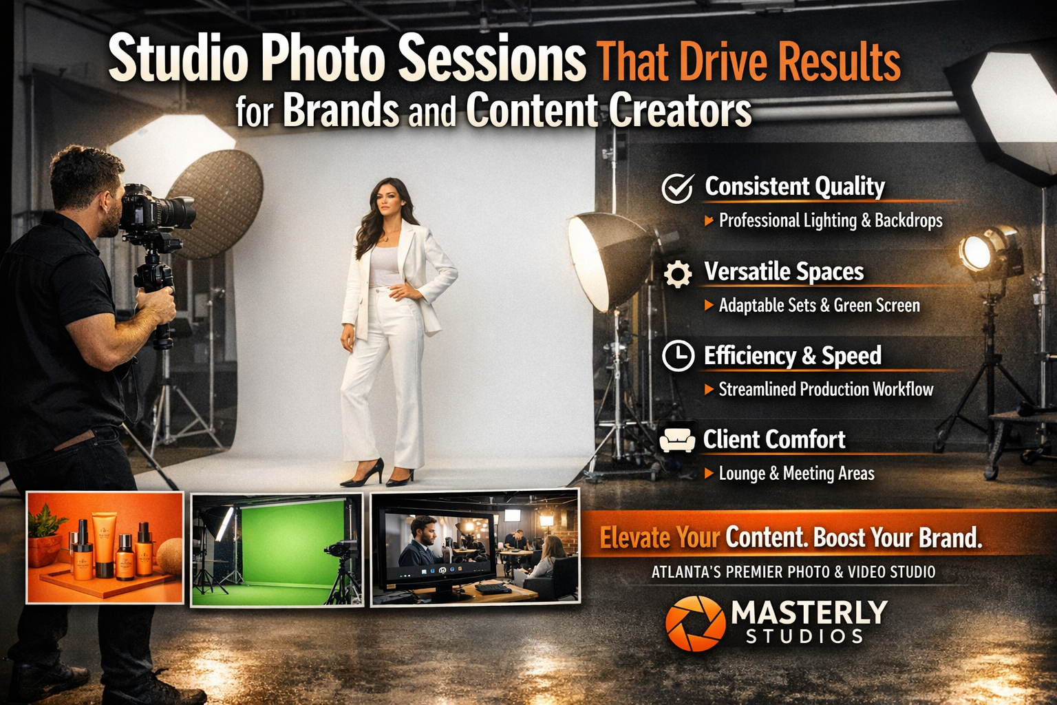 Studio photo session promo with model, lights, props, and text about driving results