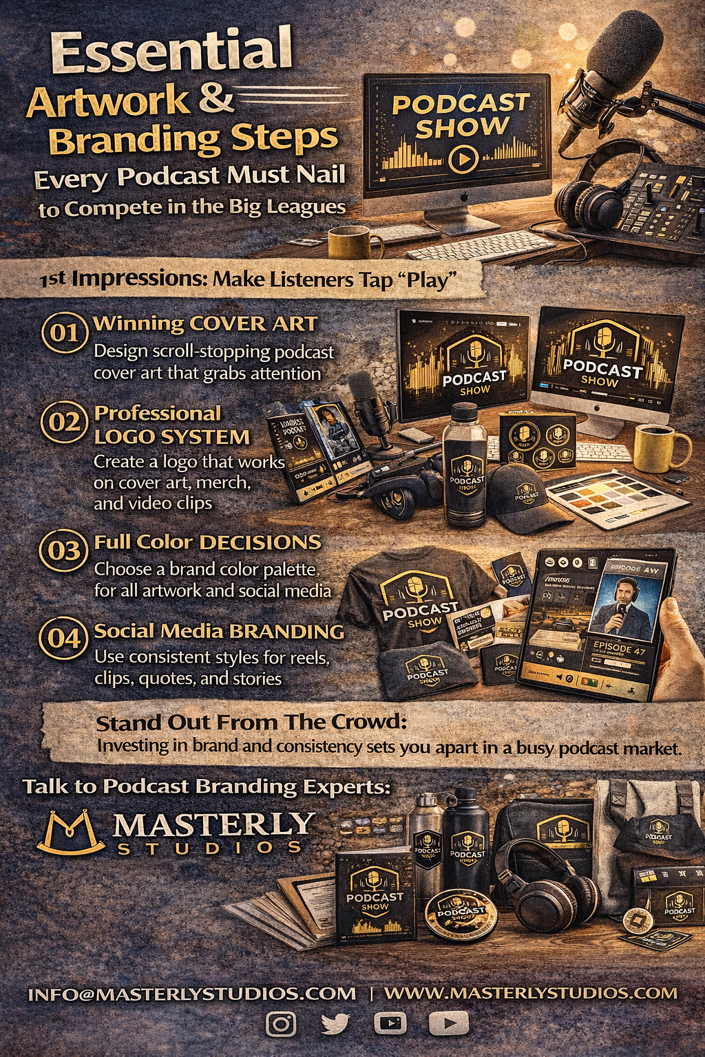 Sepia podcast branding infographic with microphone, studio scenes, and 