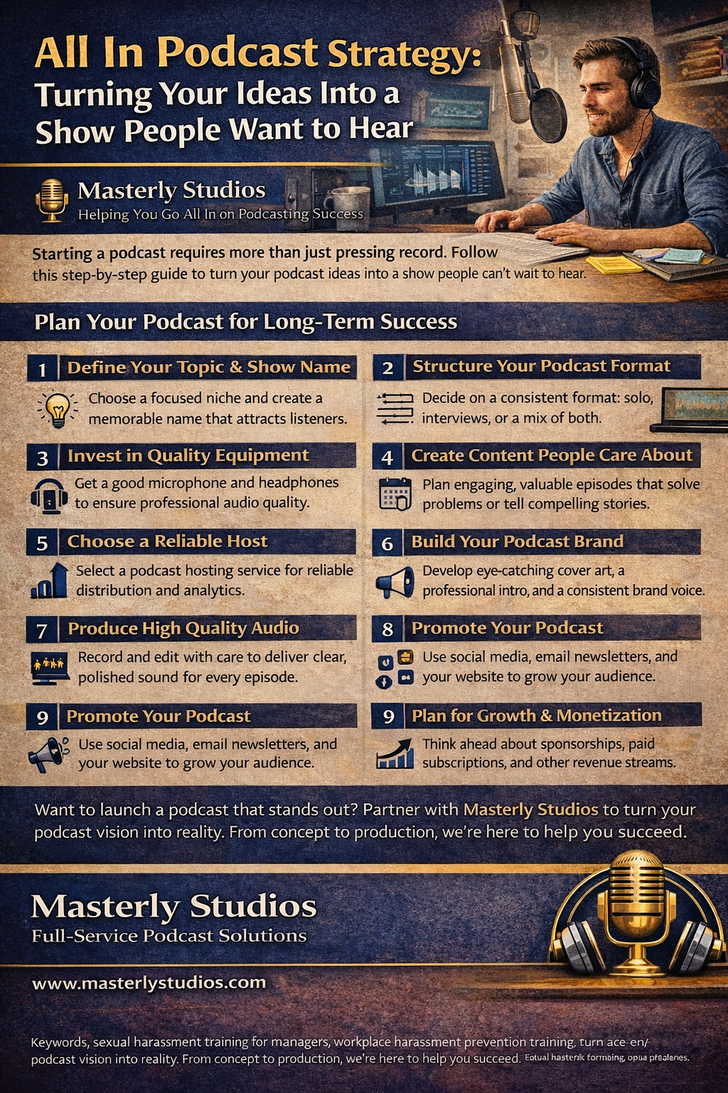 Podcast strategy poster with a man speaking into a microphone, in blue and gold tones, listing tips and steps