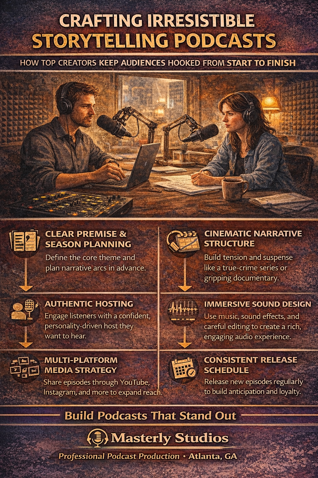 Infographic on crafting podcast stories, with two hosts at microphones in a warm studio setting.