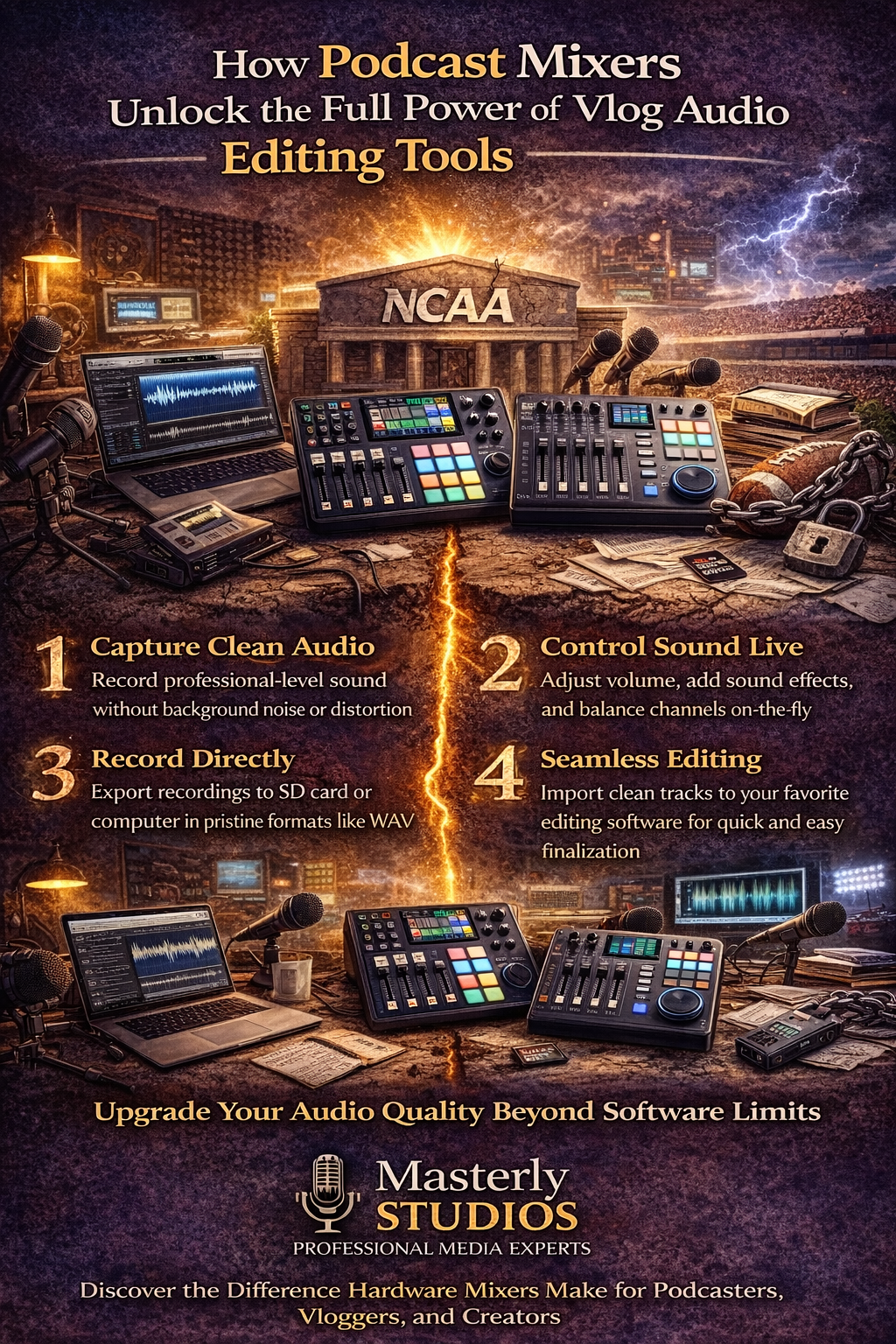 Podcast mixer promo poster with glowing studio gear and four tool tips on a dark, fiery background
