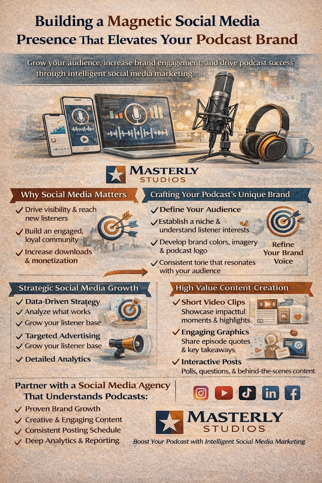 Infographic about building a magnetic social media presence for podcasts, with branding tips and social icons.