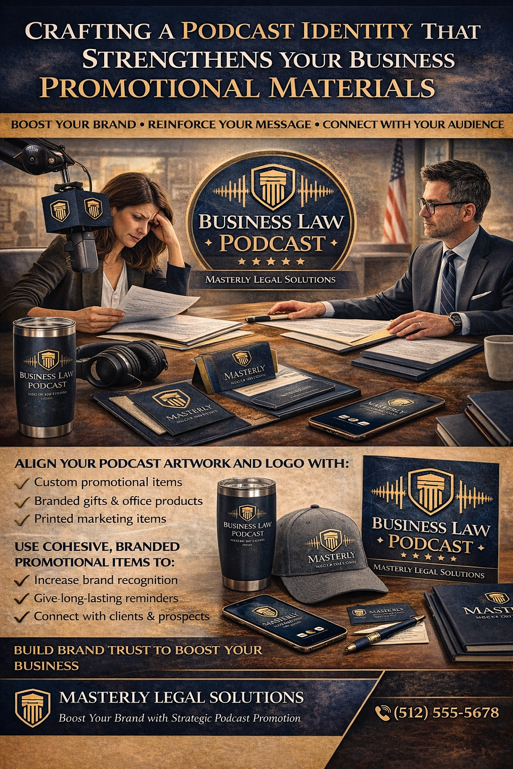 Law firm podcast promotional flyer with two hosts at a desk and gold text on a dark background