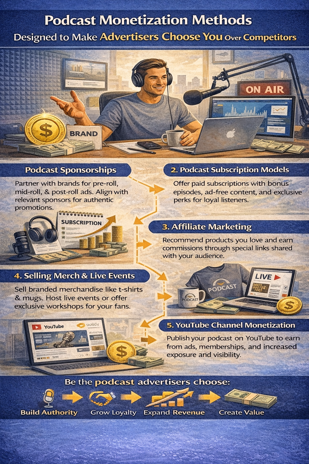Infographic titled “Podcast Monetization Methods” with gold coins, a host at a desk, and five monetization options.