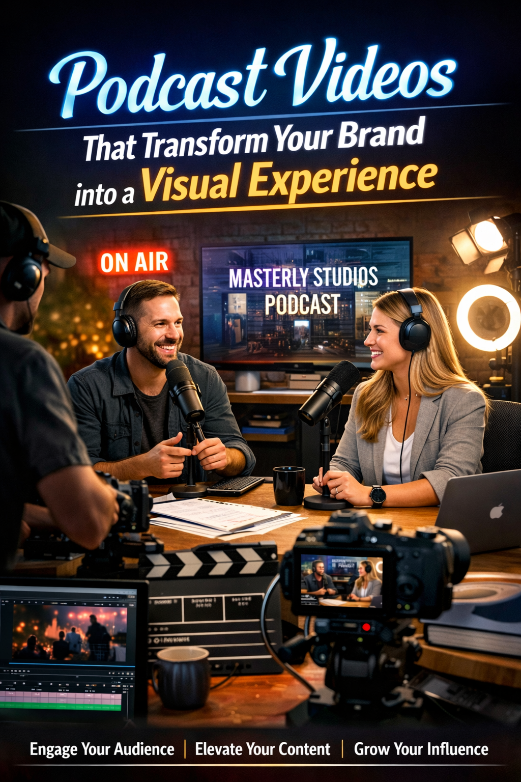 Podcast studio with two hosts recording at microphones, screens, and ring light under the headline “Podcast Videos.”