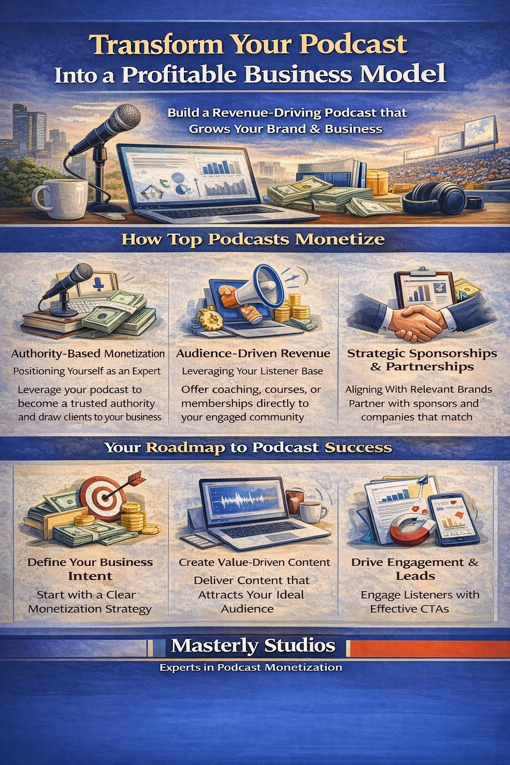 Promotional poster for a podcast course, blue and gold, showing a roadmap to turn a podcast into a business model