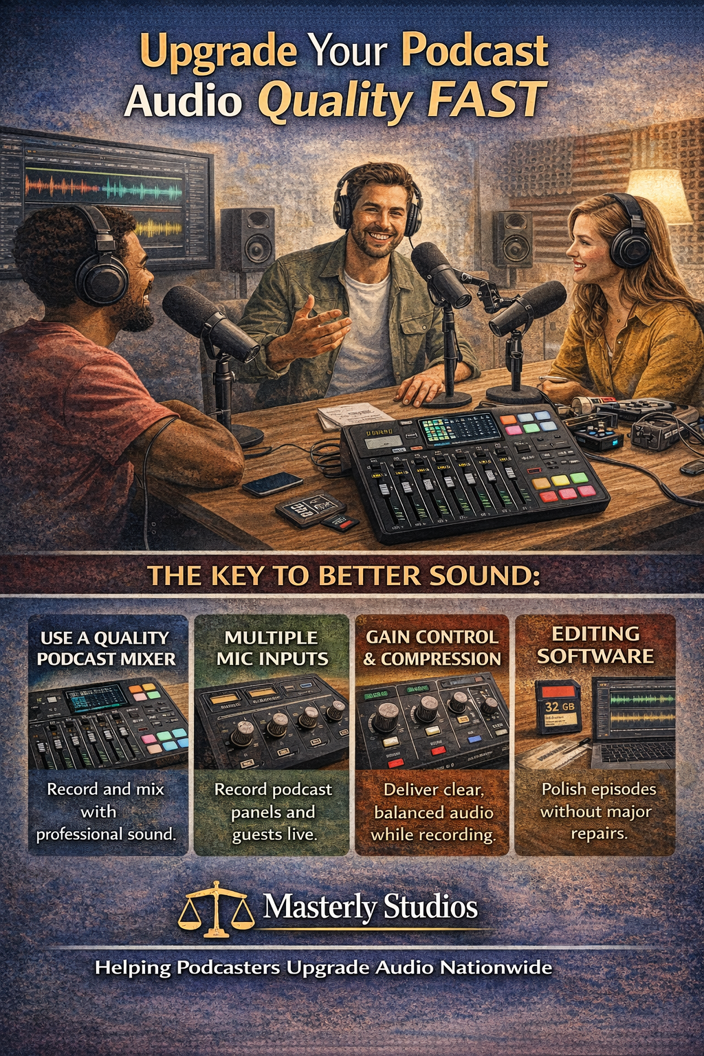 Podcast studio promo: three hosts around a mixer under the headline “Upgrade Your Podcast Audio Quality Fast.”