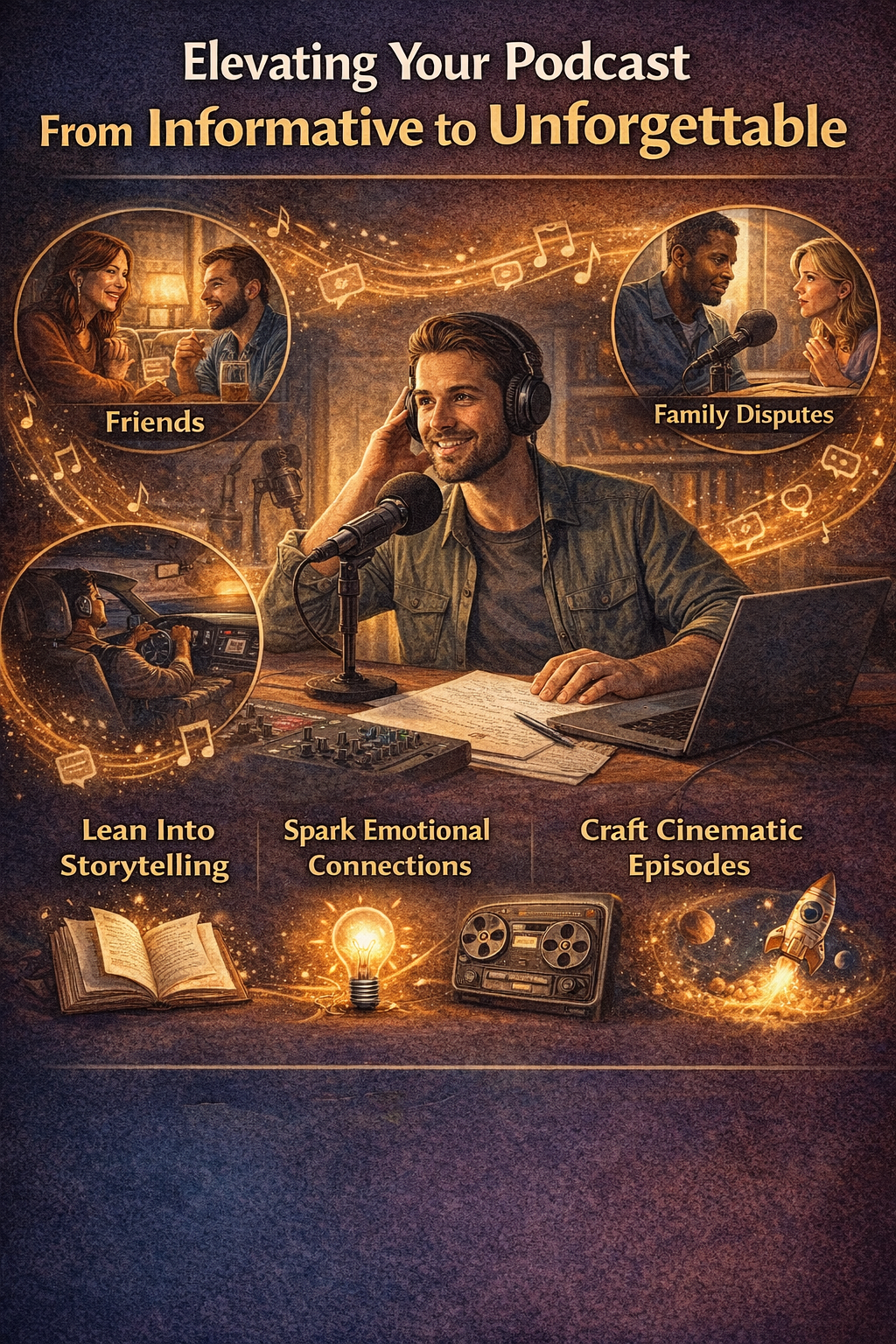 Podcast promotional poster with a host in headphones and warm gold text about improving podcast storytelling and editing
