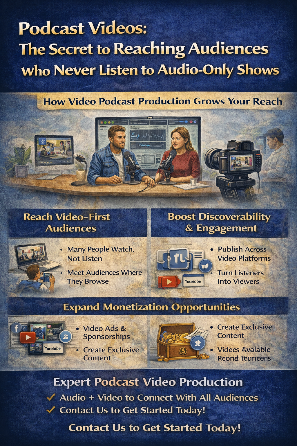 Blue and gold infographic about podcast videos, with sections on reach, engagement, and production benefits