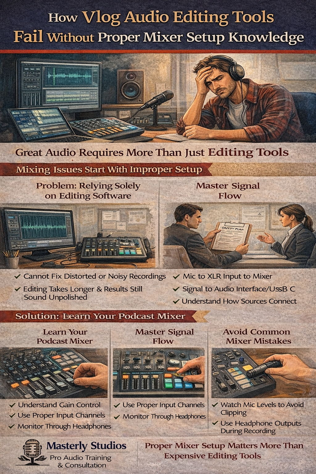 Vlog audio editing tools infographic with screenshots, icons, and labels on sound setup and cleanup tips