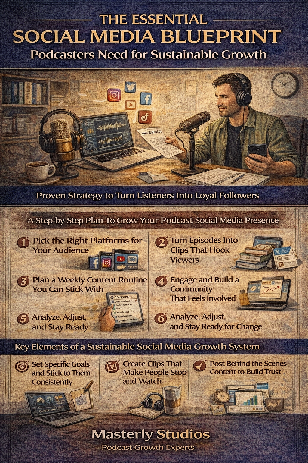 Promotional flyer for “The Essential Social Media Blueprint” with a man at a desk and multiple social media icons.
