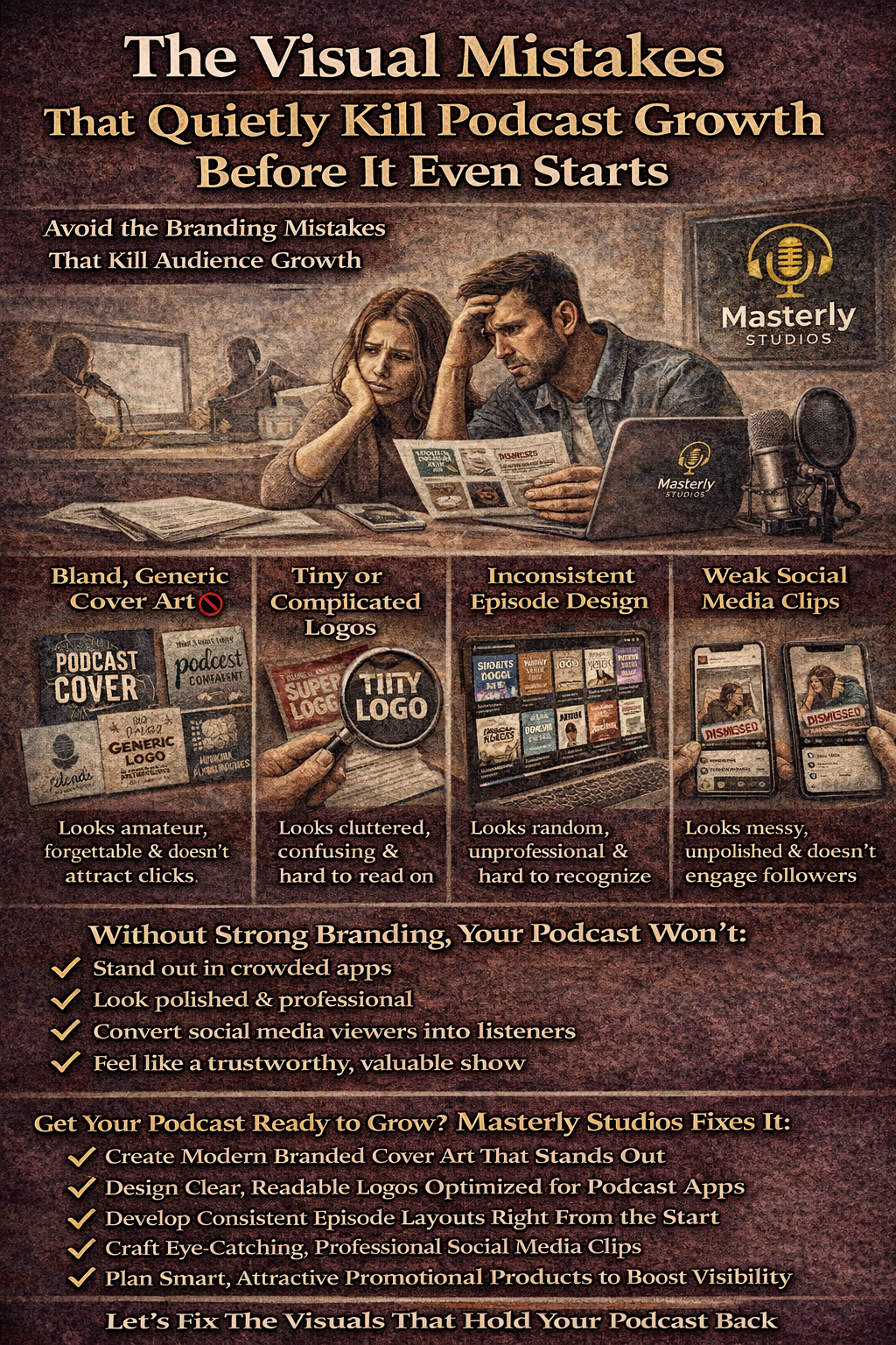 Infographic on the visual mistakes that quietly kill podcast growth, with hosts and studio setup on a dark background
