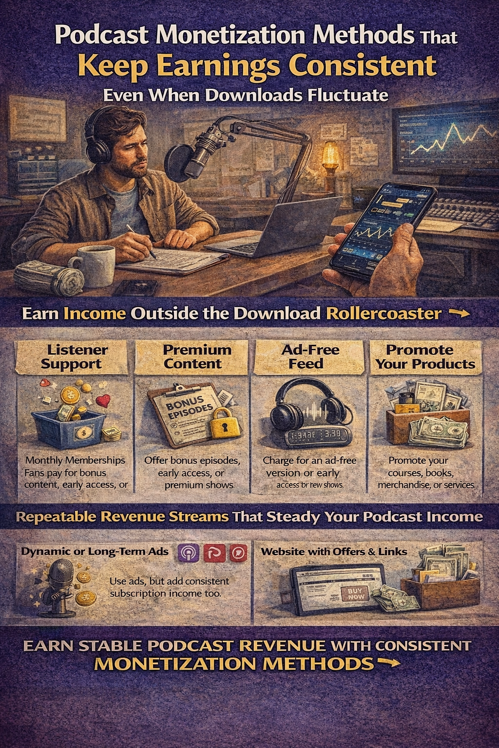 Podcast monetization infographic with a person at a desk beside a laptop, in warm dark tones.