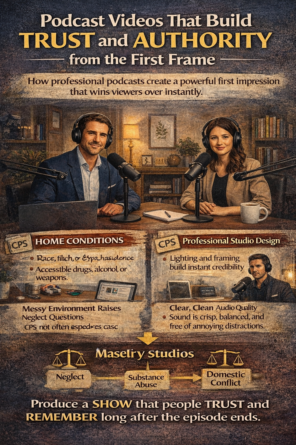 Podcast thumbnail about building trust authority, featuring two hosts at microphones in a studio.