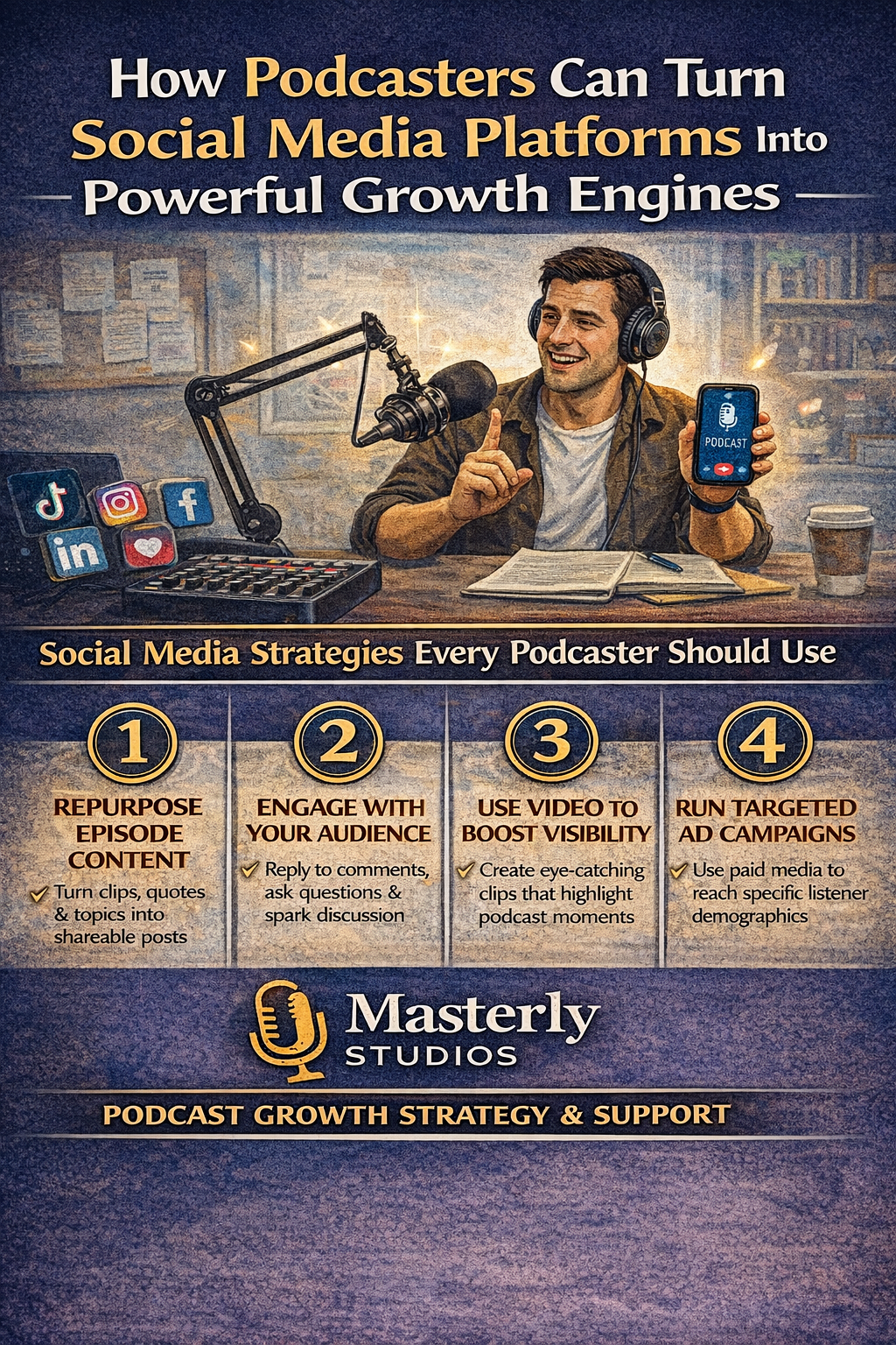 Podcast studio poster about turning social media into growth engines, with host and strategy icons.