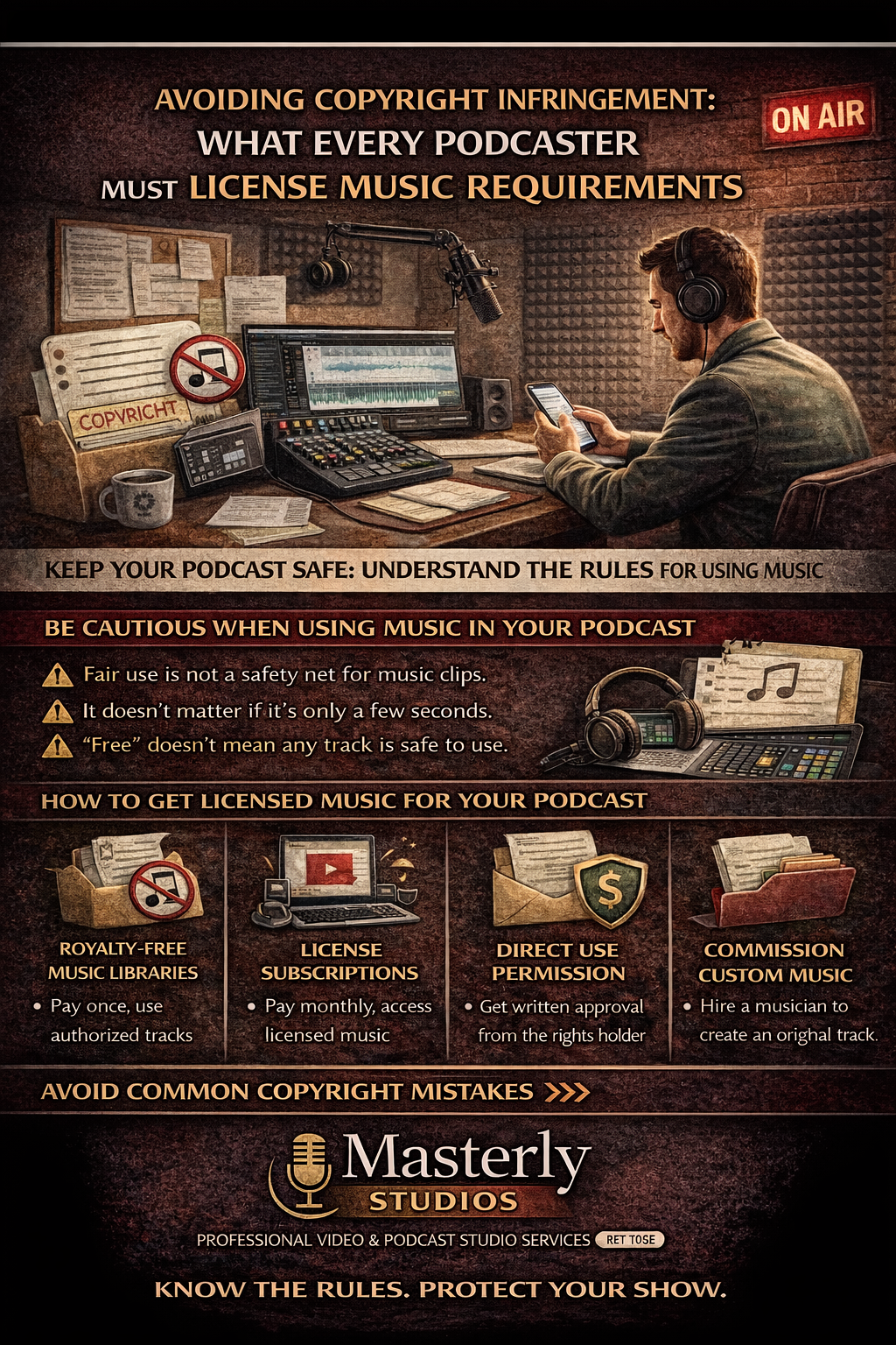 Poster about copyright and music licensing with a studio desk, audio gear, and a man working at a computer.