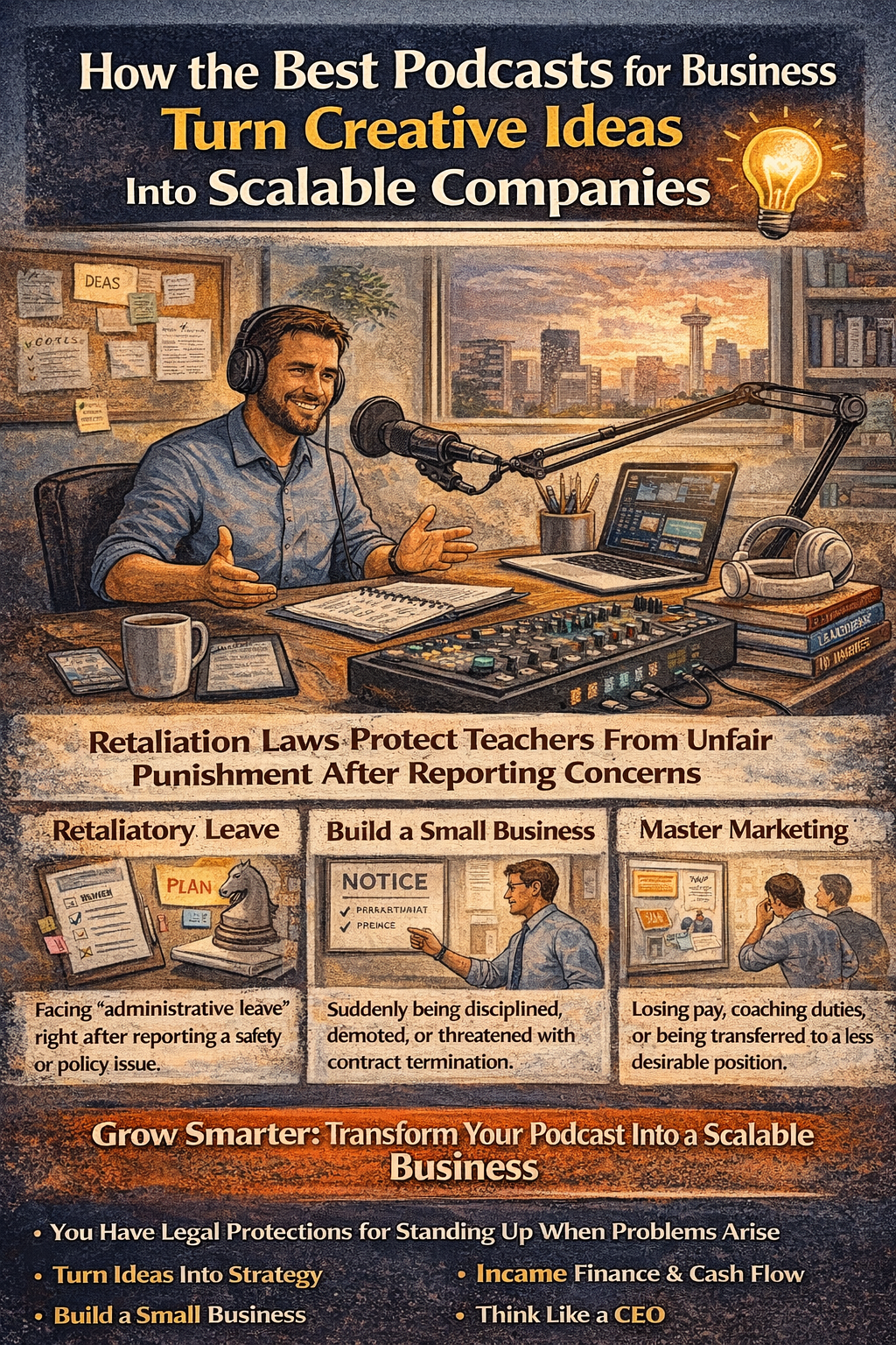 Podcast host at desk with mic and laptop, city skyline at sunset, promoting business growth ideas