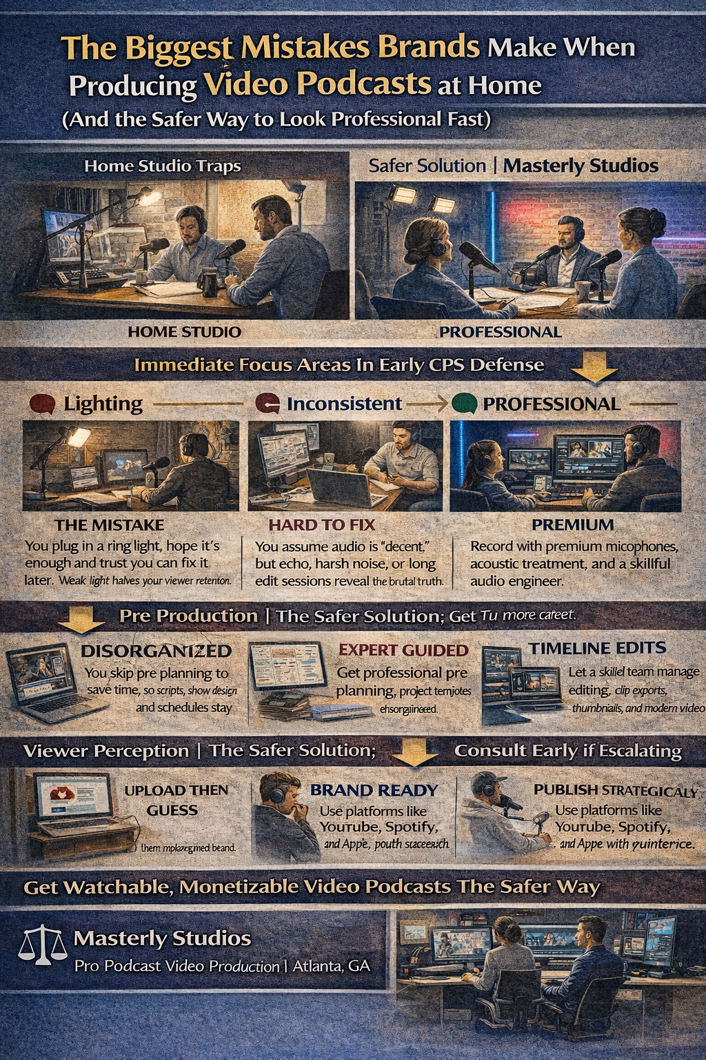 Infographic on best video podcasting mistakes, with small scene panels and text on a dark background
