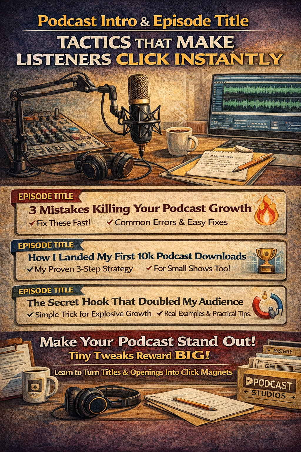 Podcast promo graphic with three headline examples on a rustic desk, microphone, laptop, and “podcast” signage.