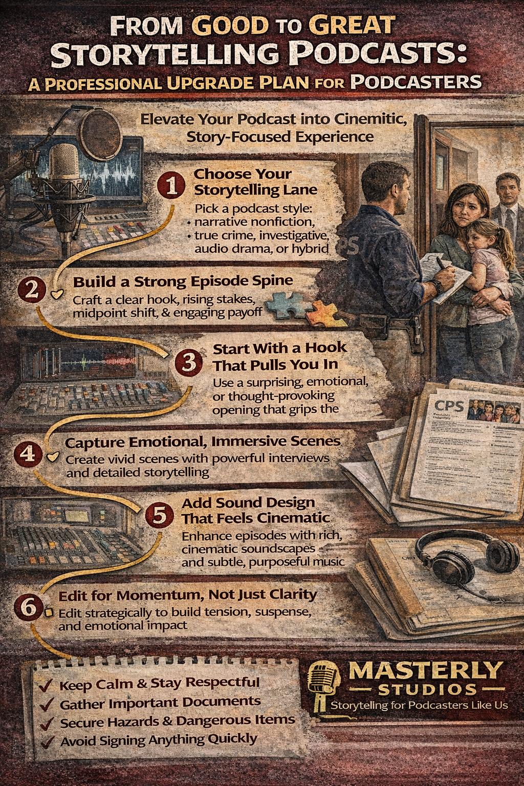 Infographic poster on storytelling podcasts with numbered tips, sepia tones, and a vintage microphone illustration