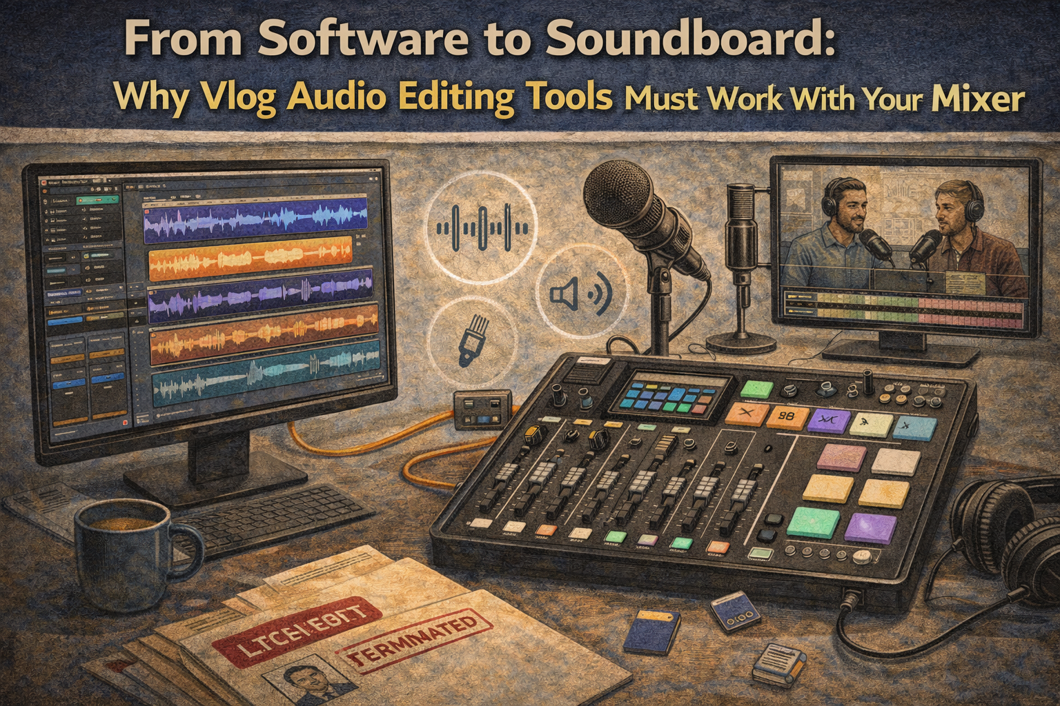Podcast editing workspace with monitors, mixer, headphones, and studio microphone in warm tones