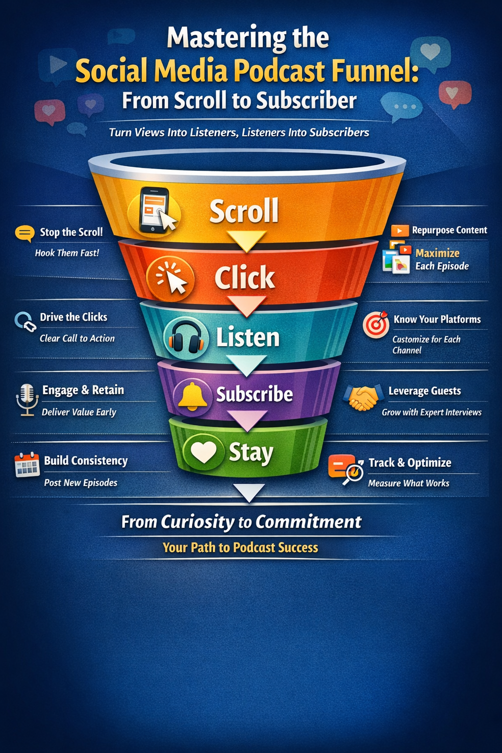Infographic on a blue background showing a social media podcast funnel: scroll, click, listen, subscribe, stay.