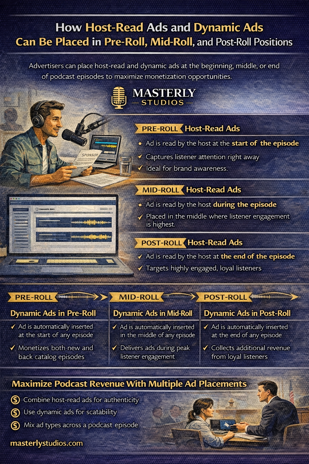 Infographic on placing heat-renot ads and dynamic ads in real, mid, and final positions with screenshots and bullet points.