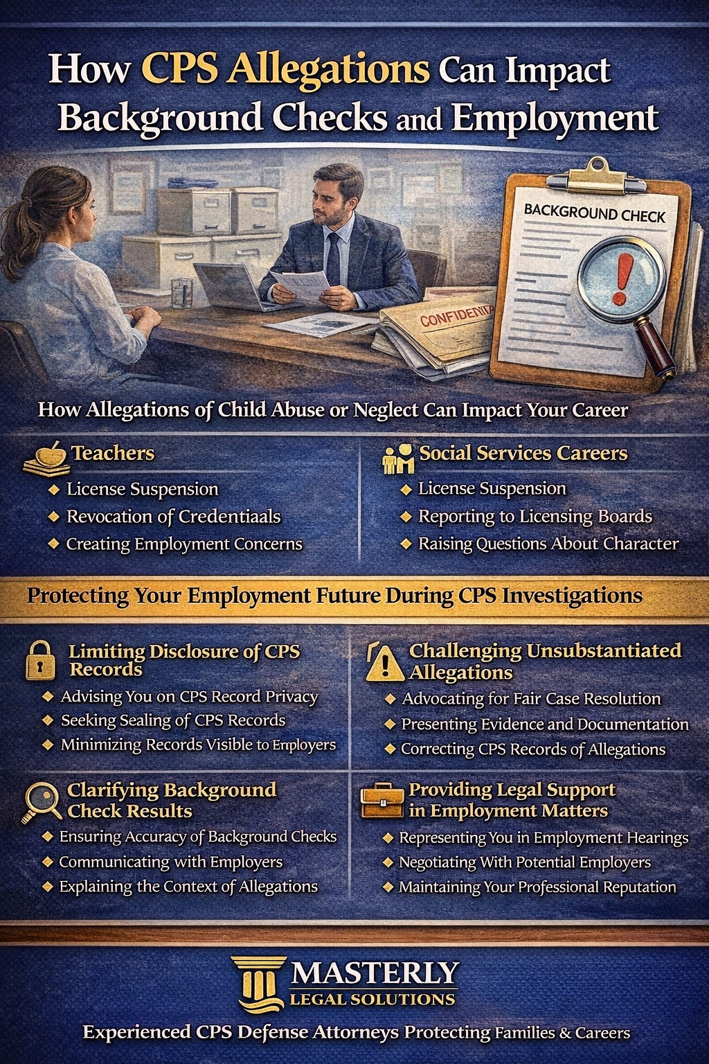 Infographic on CPS allegations affecting background checks and employment, with dark blue sections and icons.