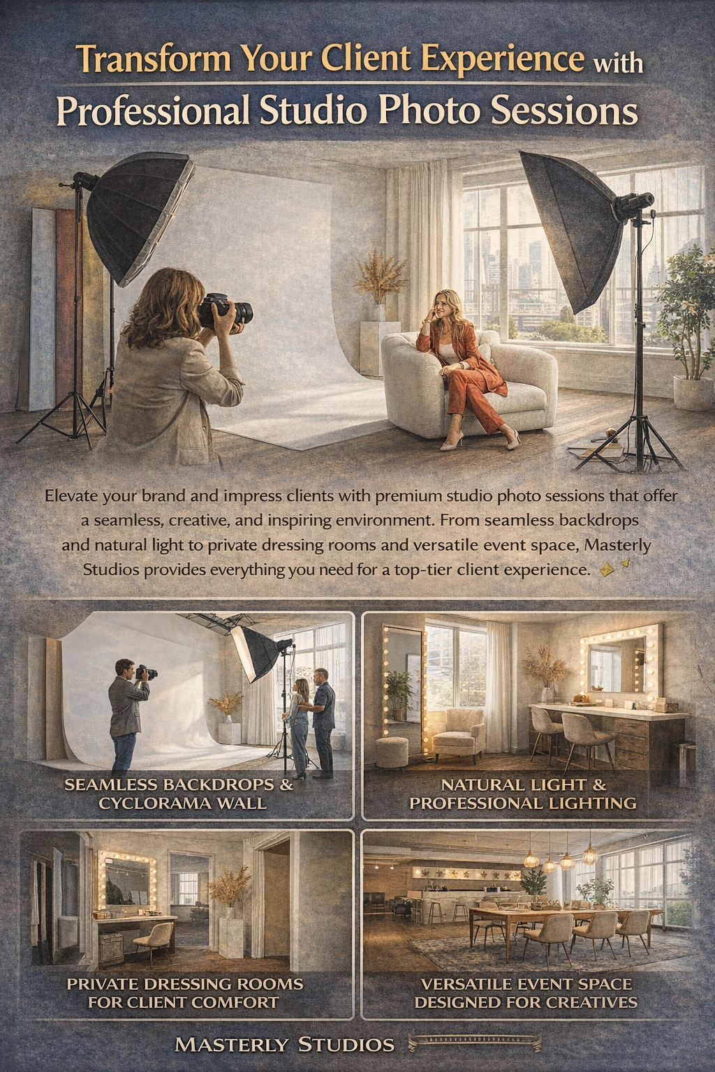 Studio photo session promo with woman posing in an elegant room and sample portraits below