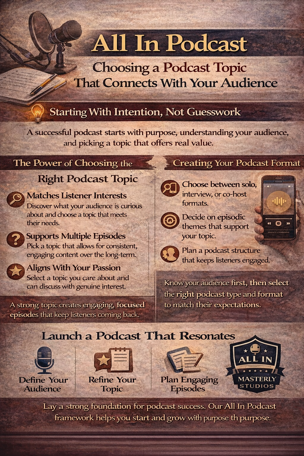 Podcast infographic on choosing topics, with purple and brown text blocks and a microphone illustration