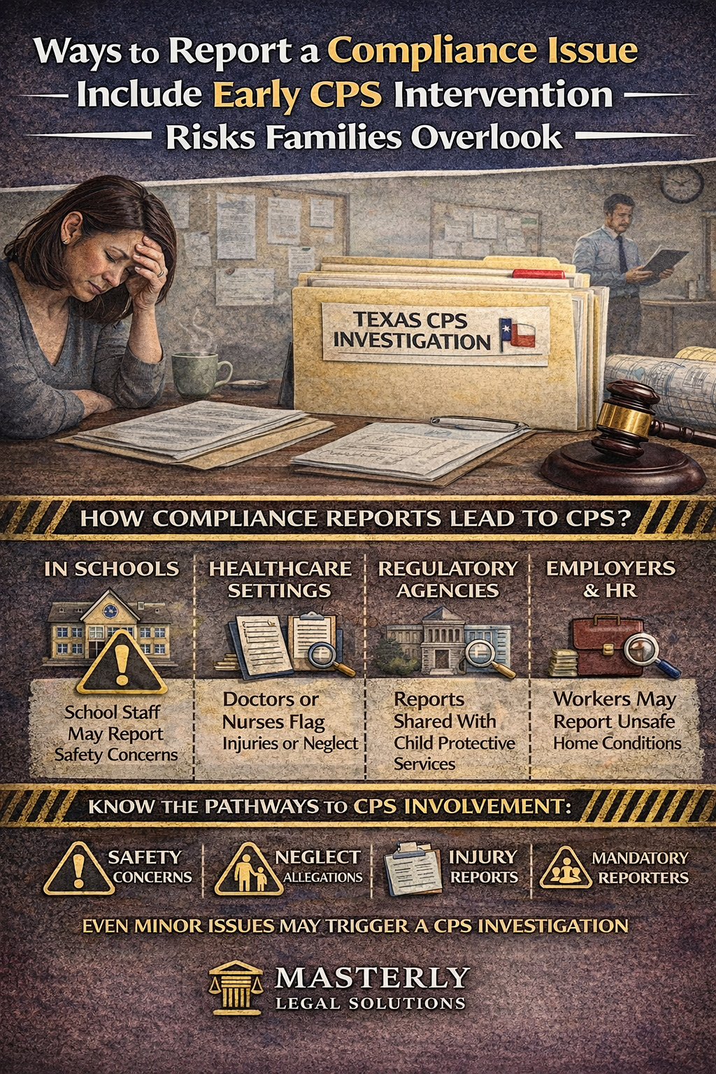 Texas DPS complaints poster with man beside crashed car and reporting options for compliance issues