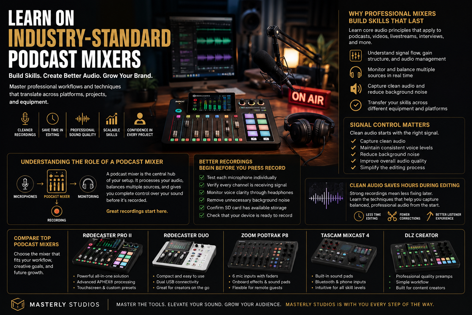 Professional podcast recording studio featuring a podcast mixer, microphone, headphones, and audio editing setup with educational graphics highlighting industry-standard podcast mixers, clean audio techniques, recording workflows, and essential production skills for creators.