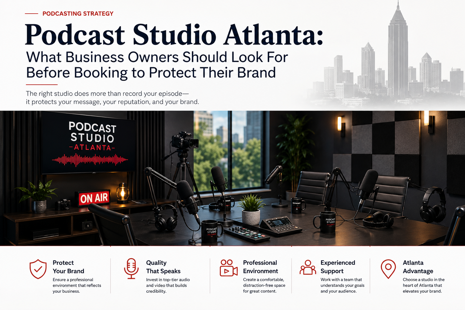Modern podcast studio in Atlanta with professional microphones, audio equipment, and branding elements illustrating what business owners should look for before booking a podcast studio to protect their brand.