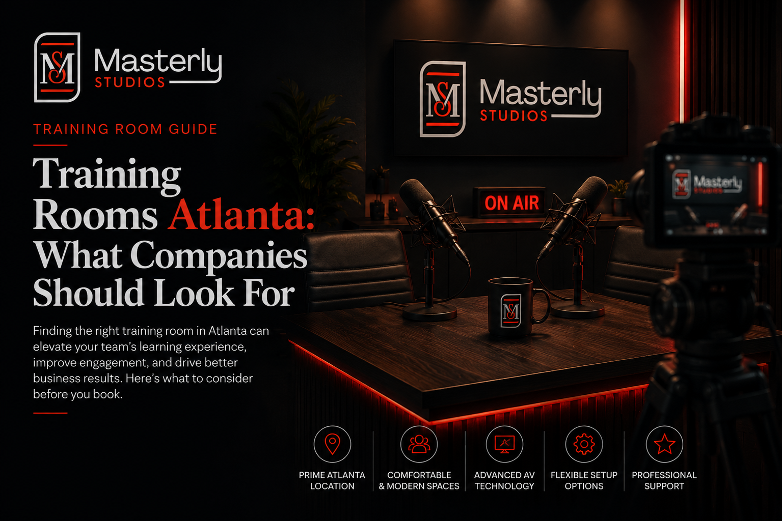 Masterly Studios training room mockup on a dark red-and-black promo graphic with headline text and studio setup