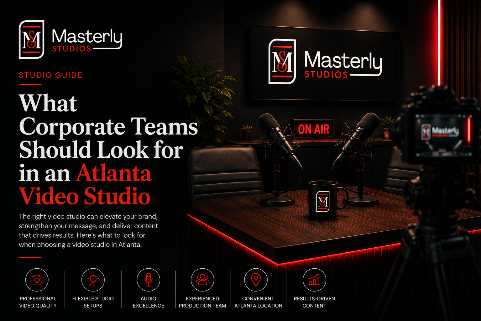 Dark studio with red lighting and laptop, promoting “What Corporate Teams Should Look for in an Atlanta Video Studio”