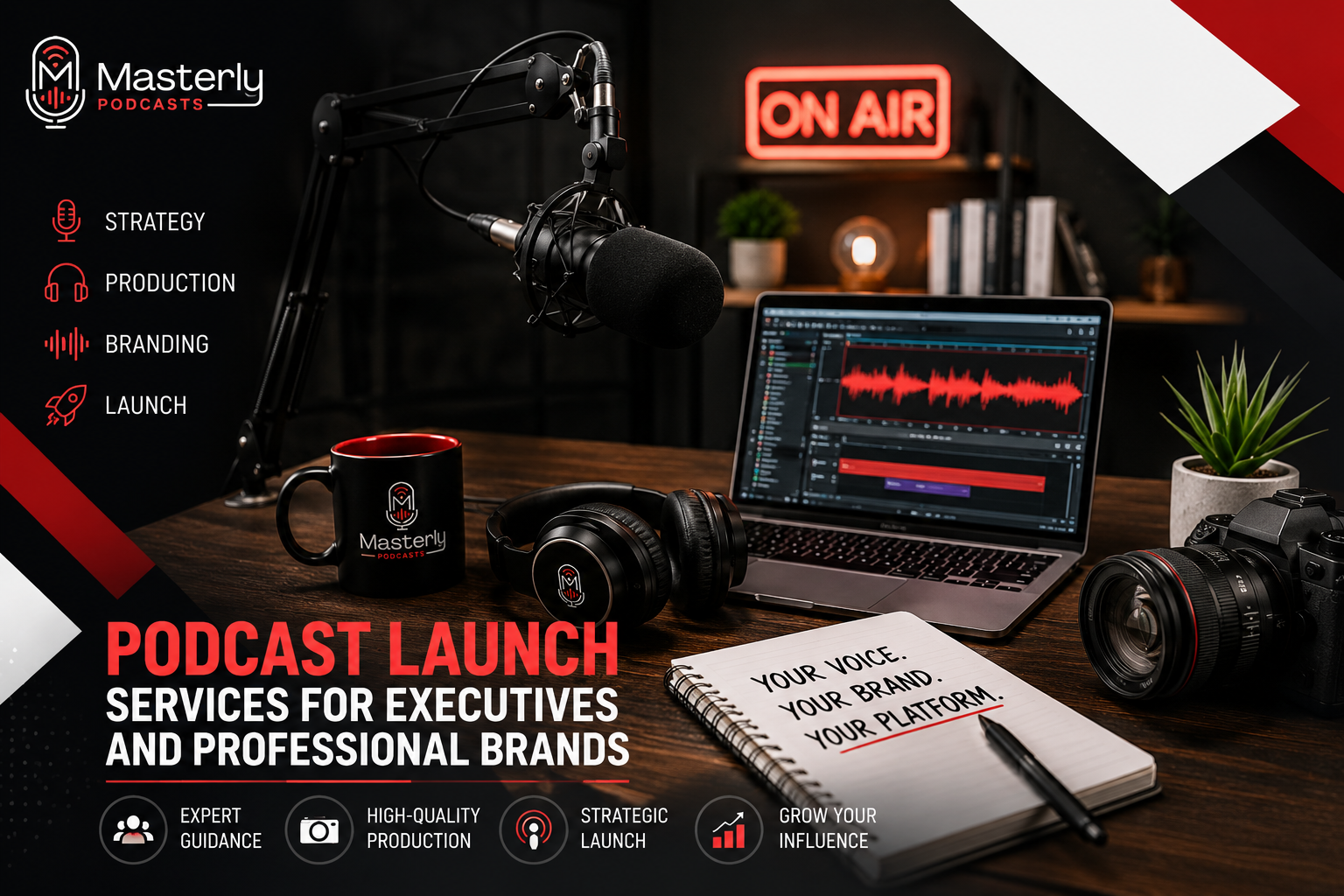 notebook, pen, podcast set up, studio, masterly podcasts