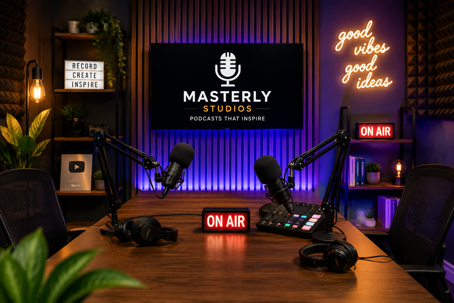 Branded Masterly Studios graphic featuring a professional podcast studio in Atlanta, video podcast recording, premium production equipment, podcast interview setup, editing suite, and modern studio environment.
