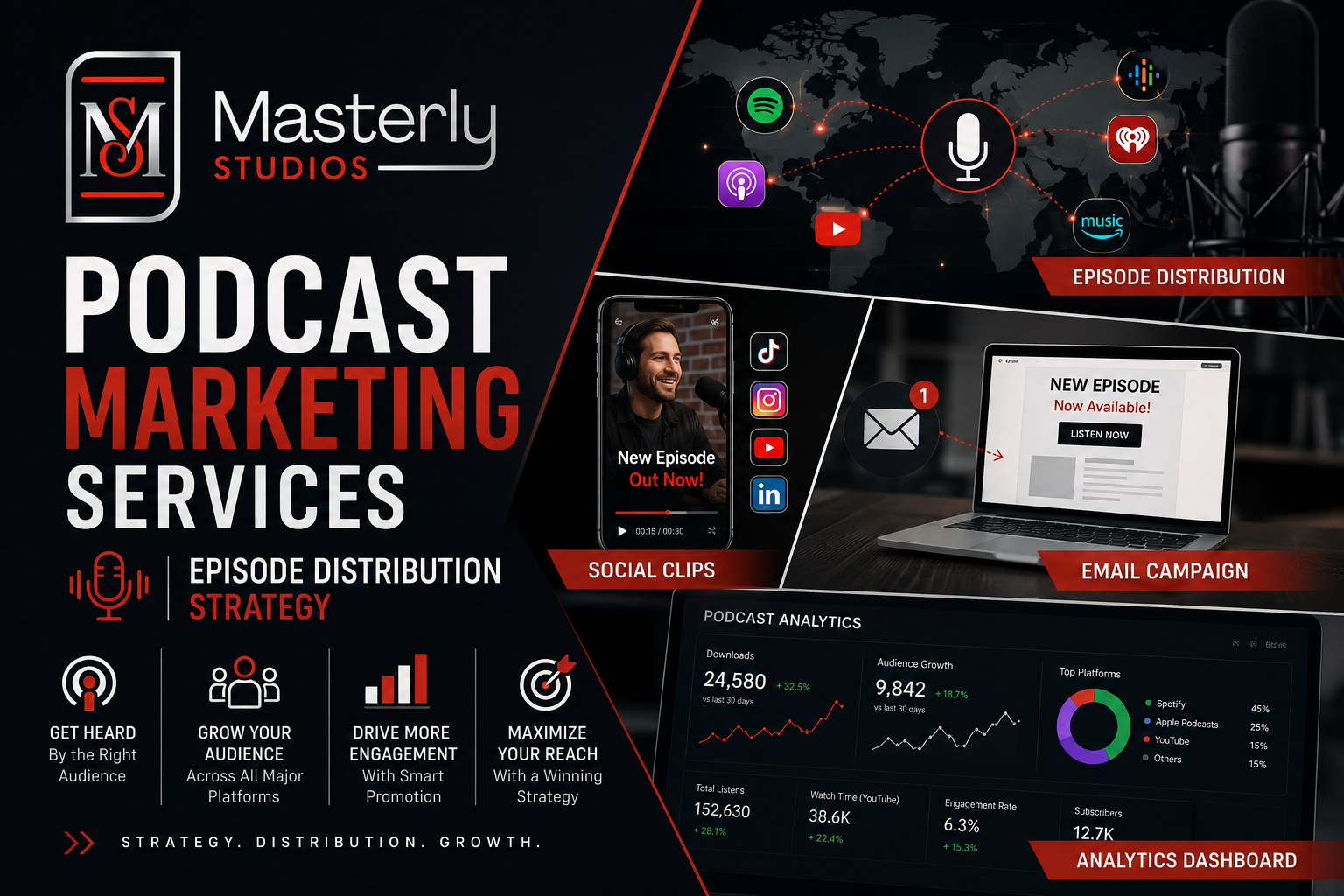 Podcast marketing services promo banner with dark red-and-black design, laptop, charts, and social media icons