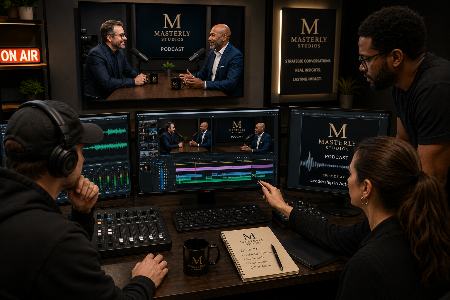 A corporate leadership team recording a professionally produced executive interview in a modern studio with multiple cinema cameras, professional lighting, and audio equipment while producers monitor the live production.