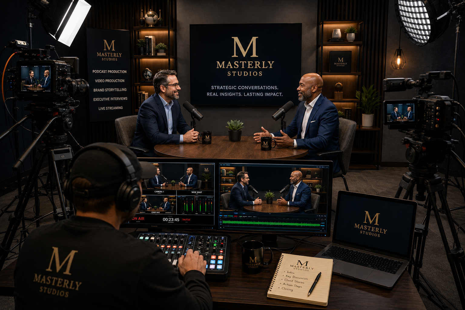 Business executives recording a professionally branded video podcast inside a modern studio with multiple cameras, studio lighting, microphones, and company branding integrated into the set design.