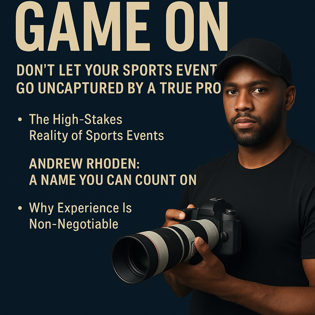 Promotional poster for sports photography with a man holding a camera and bold text on a dark blue background